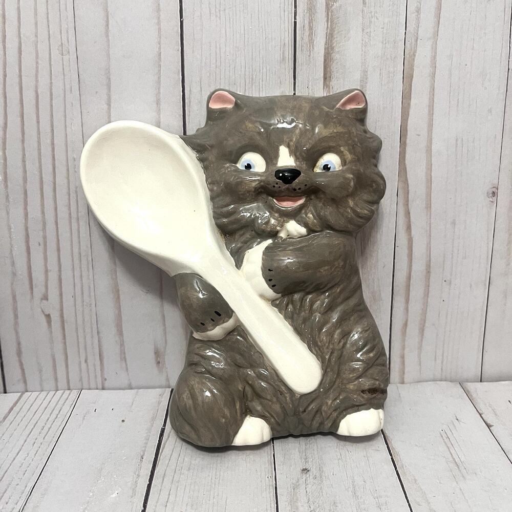 Vintage 1986 Handmade Ceramic Cat Spoon Rest Kitschy Kitchen Decor